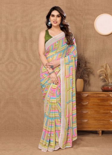 Olive Green & Pink Georgette Printed Vibrant Saree For Kitty Parties