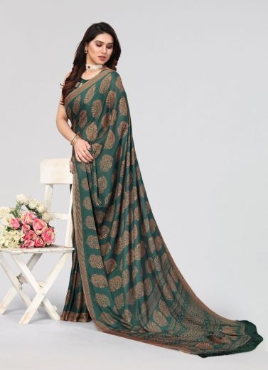 Teal Green Chiffon Printed Office-Wear Saree