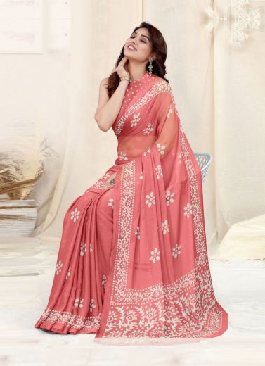 Light Coral Chinon Chiffon Printed Office-Wear Saree