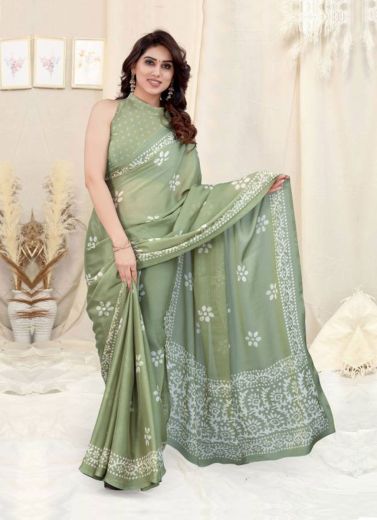 Light Green Chinon Chiffon Printed Office-Wear Saree