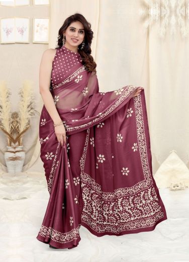 Wine Chinon Chiffon Printed Office-Wear Saree