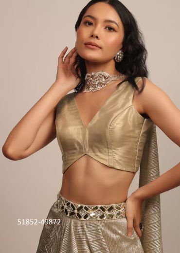 Golden Organza Sleeveless Readymade Blouse With V-Neckline