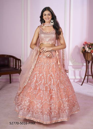 Light Salmon Pink Net Sequins-Work Party-Wear Stylish Lehenga Choli