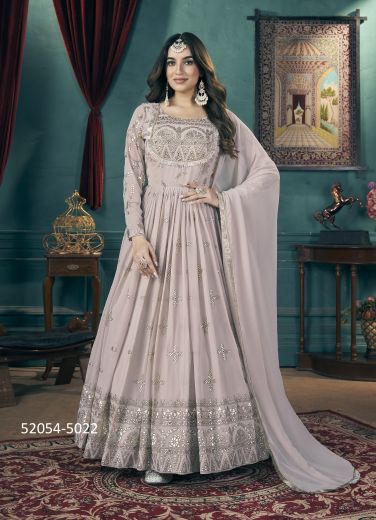 Pinkish Gray Georgette Foil-Printed Party-Wear Readymade Gowns