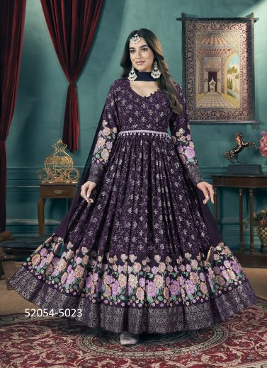 Dark Violet Georgette Foil-Printed Party-Wear Readymade Gowns With Dupatta & Belt