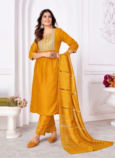 Yellow Silk Embroidered Pant-Bottom Readymade Salwar Kameez For Traditional / Religious Occasions