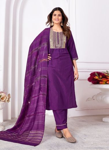 Violet Silk Embroidered Pant-Bottom Readymade Salwar Kameez For Traditional / Religious Occasions