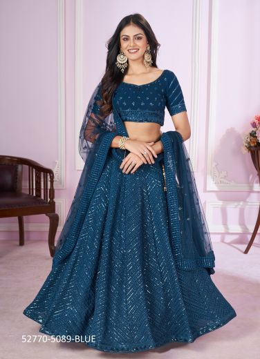 Sea Blue Georgette Sequins-Work Party-Wear Stylish Lehenga Choli