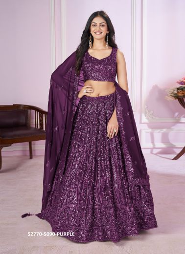 Dark Purple Georgette Sequins-Work Party-Wear Stylish Lehenga Choli