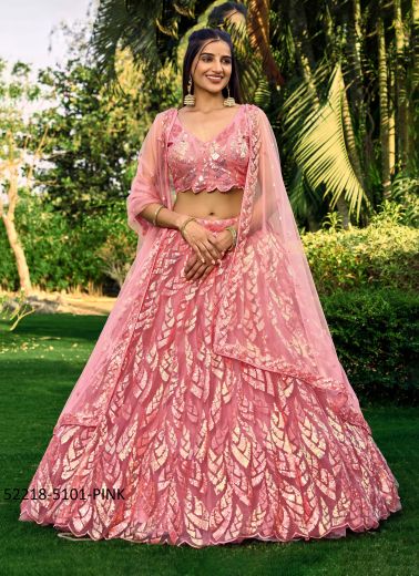 Pink Net Sequins-Work Party-Wear Gliterring Lehenga Choli