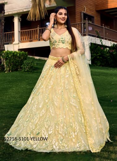 Light Yellow Net Sequins-Work Party-Wear Gliterring Lehenga Choli