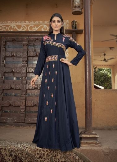 Navy Blue Muslin Embroidered Festive-Wear Readymade Floor-Length Gown