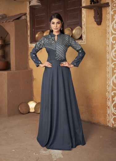 Dark Steel Blue Muslin Embroidered Festive-Wear Readymade Floor-Length Gown