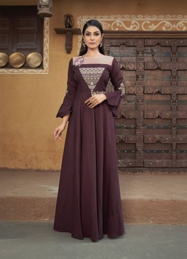 Wine Muslin Embroidered Festive-Wear Readymade Floor-Length Gown