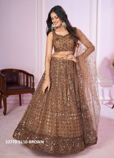 Light Brown Net Sequins-Work Party-Wear Stylish Lehenga Choli