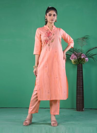 Light Coral Cotton Printed Resort-Wear Readymade Kurti With Pant
