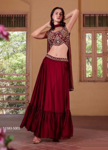 Crimson Red Georgette Embroidered Wedding-Wear Readymade Indo-Western Outfit