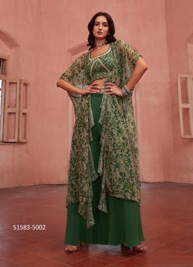 Green Crape Georgette Embroidered Wedding-Wear Readymade Indo-Western Outfit With Jacket