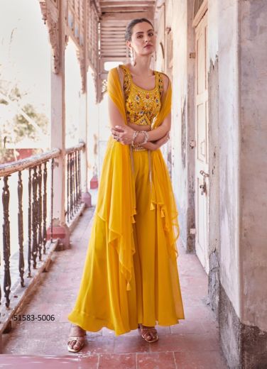 Yellow Crape Georgette Embroidered Wedding-Wear Readymade Indo-Western Outfit With Jacket