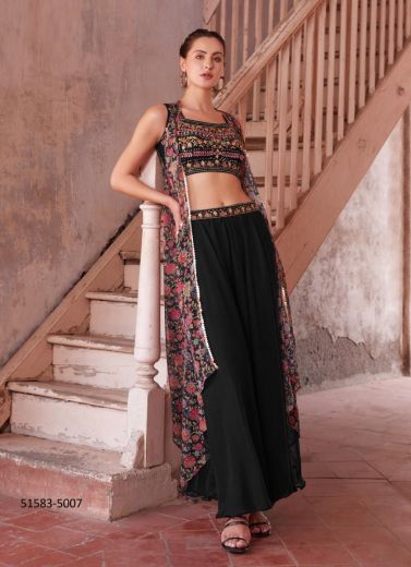 Black Crape Georgette Embroidered Wedding-Wear Readymade Indo-Western Outfit With Jacket