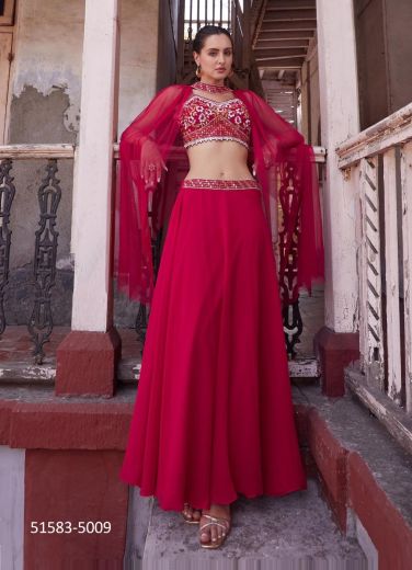 Magenta Georgette Embroidered Wedding-Wear Readymade Indo-Western Outfit