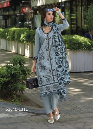 Steel Blue Cotton Thread-Work Festive-Wear Pakistani Readymade Salwar Kameez