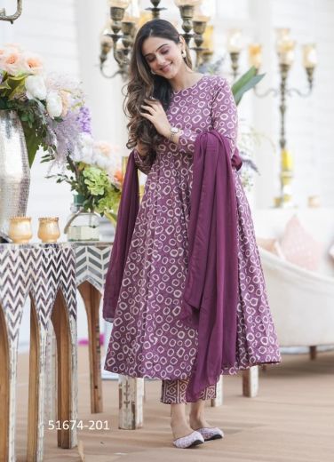 Purple Cotton Silk Digitally Printed Festive-Wear Anarkali Readymade Salwar Kameez