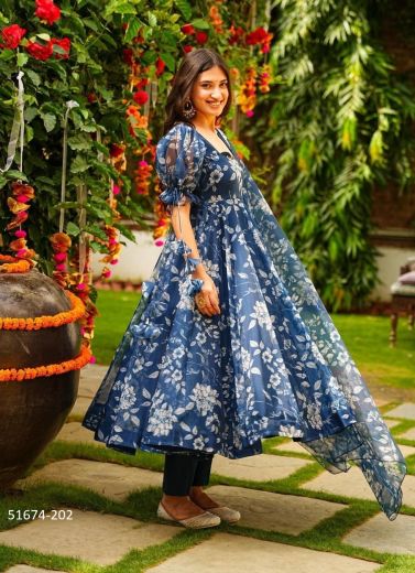 Sea Blue Silk Digitally Printed Festive-Wear Anarkali Readymade Salwar Kameez