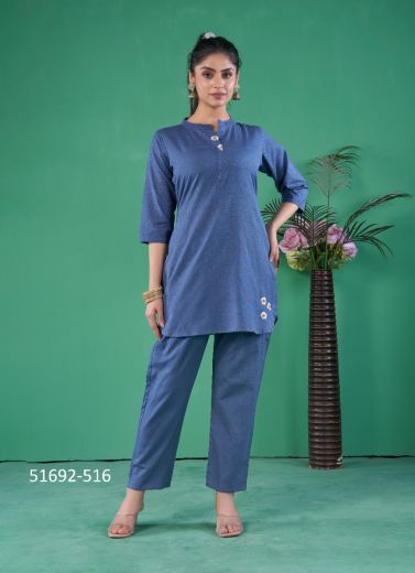 Blue Pure Cotton Thread-Work Party-Wear Readymade Co-Ord Set