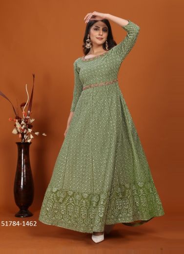 Sage Green Premium Faux Georgette Sequins-Work Readymade Gown With Dupatta For Traditional / Religious Occasions