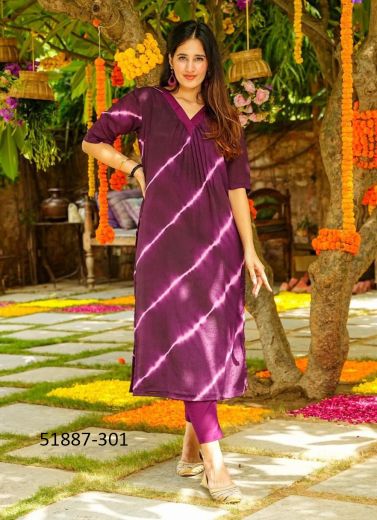 Purple Muslin Printed Party-Wear Readymade Kurti With Pant