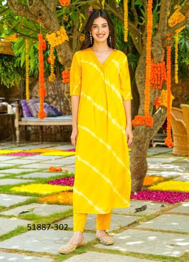 Yellow Muslin Printed Party-Wear Readymade Kurti With Pant