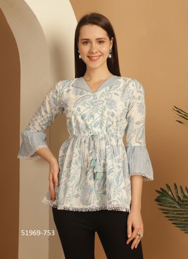 White & Light Blue Cotton Printed Office-Wear Readymade Short Top