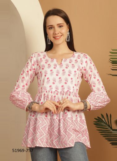 White & Pink Cotton Printed Office-Wear Readymade Short Top