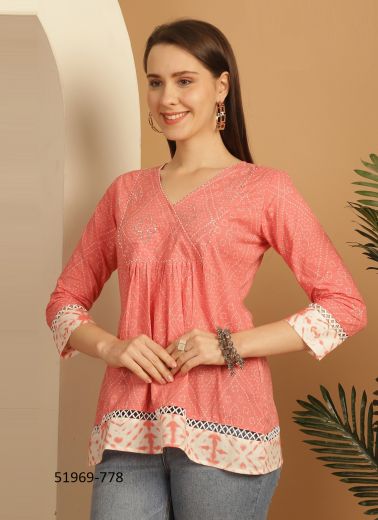 Salmon & White Cotton Printed Office-Wear Readymade Short Top