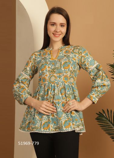 Teal Blue & Yellow Cotton Printed Office-Wear Readymade Short Top