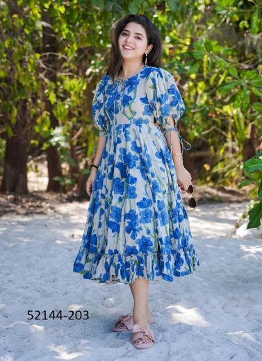 Royal Blue & White Rayon Digitally Printed Beach-Wear Readymade Maxi Dress