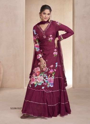 Wine & Pink Pure Muslin Digitally Printed Party-Wear Readymade Gown With Dupatta