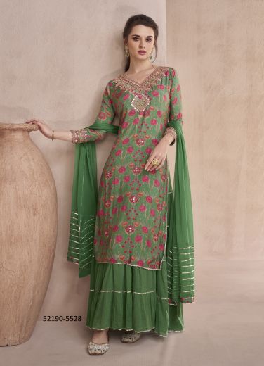 Green & Magenta Pure Muslin Digitally Printed Party-Wear Readymade Gown With Dupatta