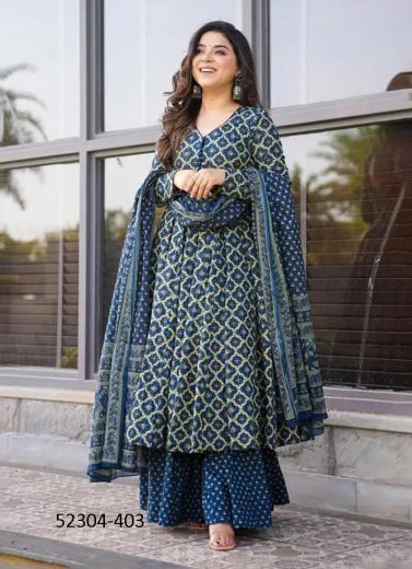 Sea Blue Cotton Silk Printed Palazzo-Bottom Readymade Salwar Kameez For Kitty-Parties