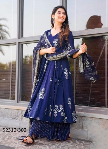 Navy Blue Muslim Printed Palazzo-Bottom Readymade Salwar Kameez For Traditional / Religious