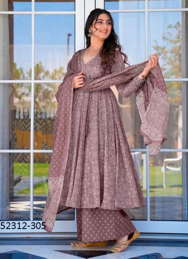 Mauve Muslin Printed Palazzo-Bottom Readymade Salwar Kameez For Traditional / Religious