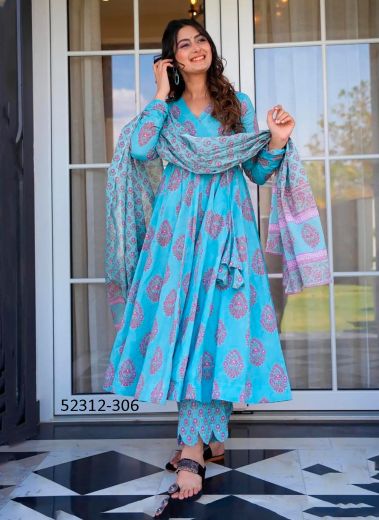 Aqua Muslin Printed Palazzo-Bottom Readymade Salwar Kameez For Traditional / Religious