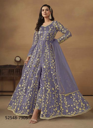 Lavender Net Embroidered Front-Slit Readymade Salwar Kameez For Traditional / Religious Occasions