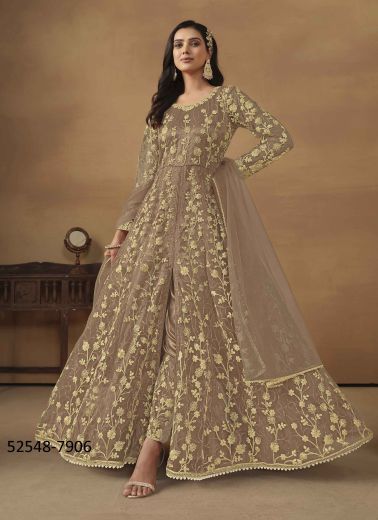 Beige Net Embroidered Front-Slit Readymade Salwar Kameez For Traditional / Religious Occasions