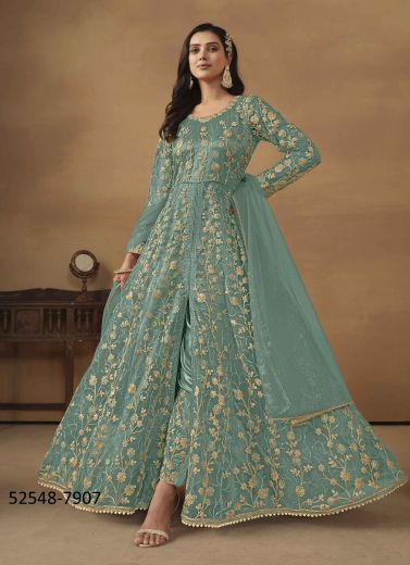 Light Teal Blue Net Embroidered Front-Slit Readymade Salwar Kameez For Traditional / Religious Occasions