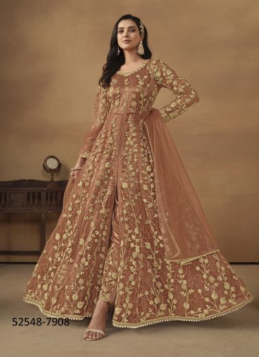 Brown Net Embroidered Front-Slit Readymade Salwar Kameez For Traditional / Religious Occasions