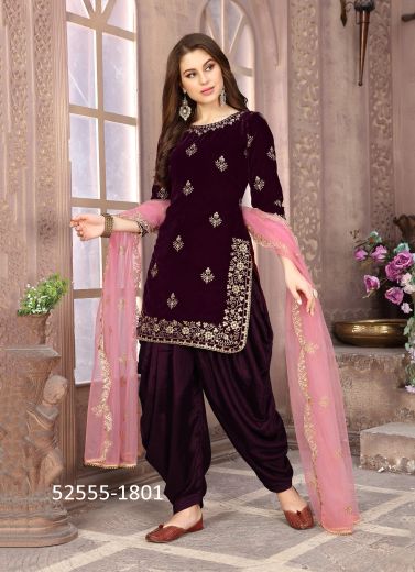 Dark Purple Velvet Embroidered Readymade Patiala Salwar Kameez For Traditional / Religious Occasions