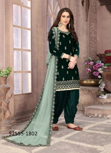 Dark Green Velvet Embroidered Readymade Patiala Salwar Kameez For Traditional / Religious Occasions