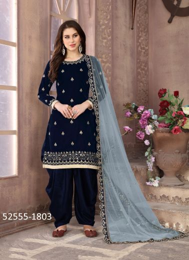 Navy Blue Velvet Embroidered Readymade Patiala Salwar Kameez For Traditional / Religious Occasions